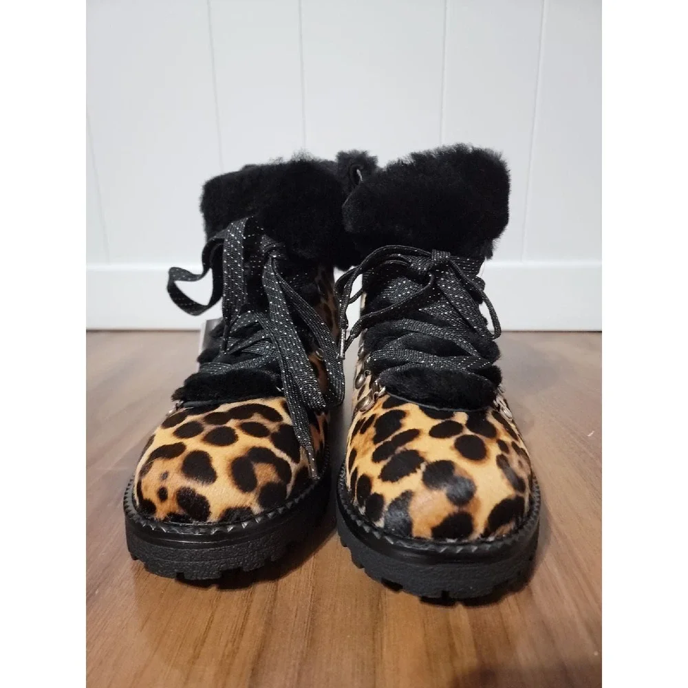 J. Crew Nordic Boots Womens 8 Leopard NEW Haircalf Sheep Fur Lining Lug Sole